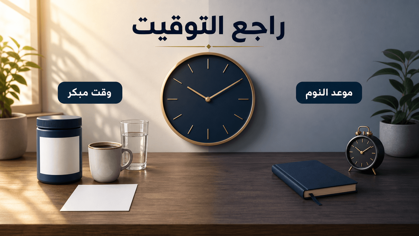 مشهد توقيت يوضح عبوة مكمل عامة وفنجان قهوة وماء وساعة مع الفصل عن موعد النوم