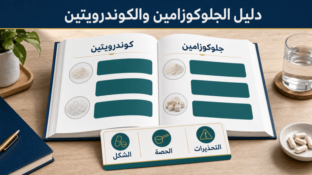 كتاب دليل مفتوح يشرح الجلوكوزامين والكوندرويتين ومعايير الشكل والحصة والتحذيرات
