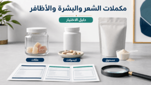 مشهد تحريري يوضح مكملات الشعر والبشرة والأظافر عبر العلكات والكبسولات ومسحوق الكولاجين مع قراءة الملصق