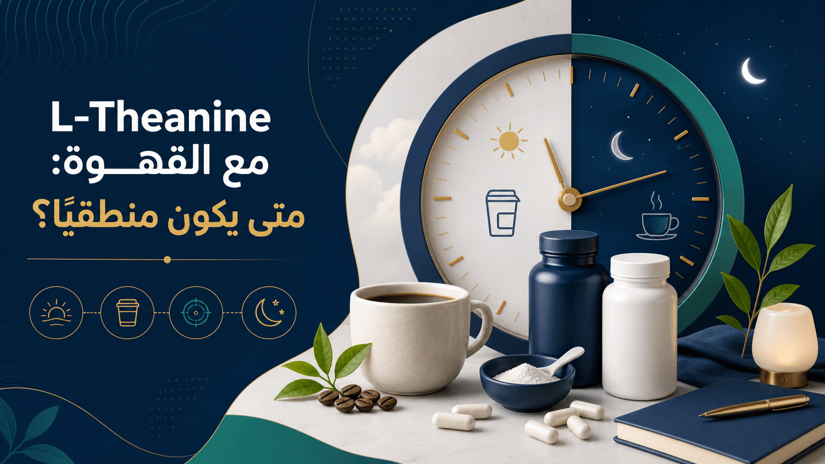 رسم توضيحي لمسارين مع L-Theanine وفنجان قهوة لمراجعة وجود الكافيين وتوقيت استخدامه