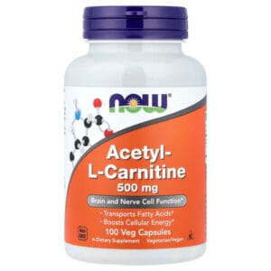 عبوة NOW Foods Acetyl-L-Carnitine — 500 ملجم، 100 كبسولة نباتية