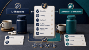 صورة مميزة تقارن بين L-Theanine المنفرد وتركيبة Caffeine + L-Theanine عبر بطاقات توقيت وقراءة الملصق