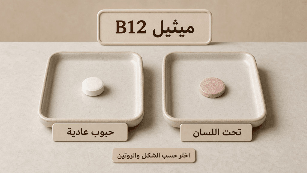 صينيتان متساويتان تقارنان ميثيل B12 تحت اللسان بالحبوب العادية حسب الشكل والروتين