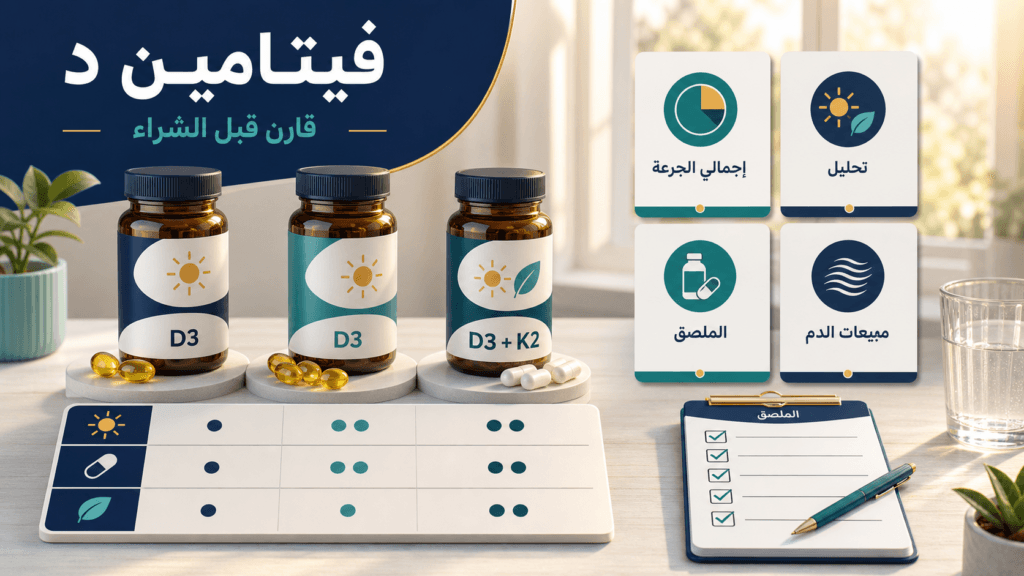 جدول لمقارنة منتجات فيتامين D3 وصيغة D3 مع K2
