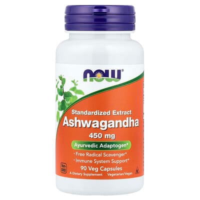 عبوة NOW Foods Ashwagandha Standardized Extract — 450 ملجم، 90 كبسولة نباتية