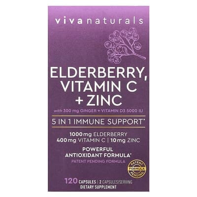 عبوة Viva Naturals Elderberry مع فيتامين C والزنك، 120 كبسولة