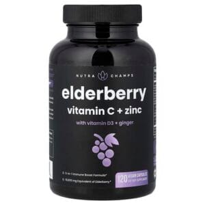 عبوة NutraChamps Elderberry + Vitamin C + Zinc + D3 + Ginger — 120 كبسولة نباتية