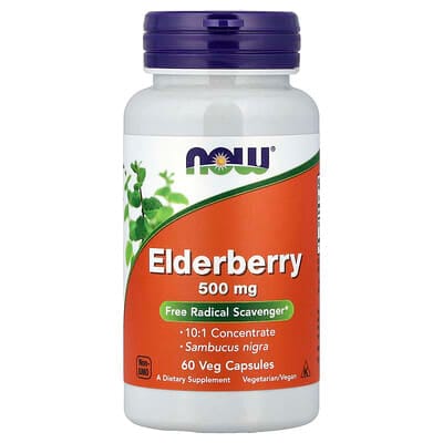 عبوة NOW Foods Elderberry بتركيز 500 ملجم، 60 كبسولة نباتية