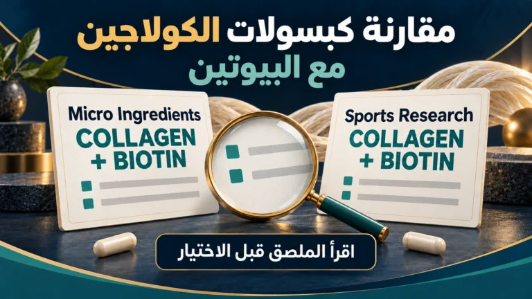 مقارنة كبسولات الكولاجين مع البيوتين من Micro Ingredients وSports Research ببطاقتين توضيحيتين وعدسة لقراءة الملصق.